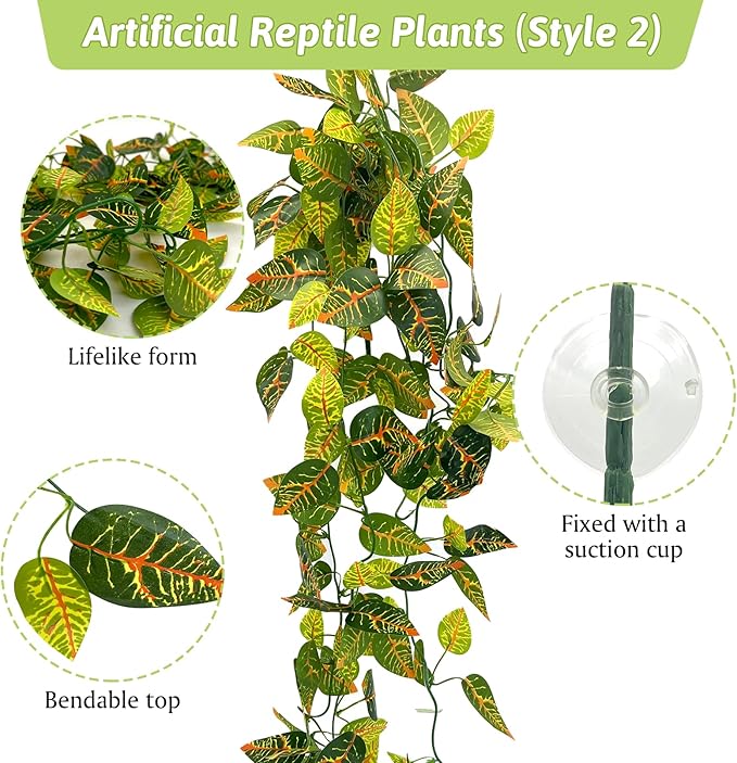 Hamiledyi 5 Pcs Reptile Plants Terrarium Hanging Fake Plant Leaves, Bearded Dragon Tank Accessories, Habitat Decor for Snake Leopard Gecko Lizard Chameleon Spider Turtle (Style 3)