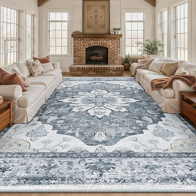 RELEANY Area Rugs Large 10'x12' Washable Non-Slip, Floral Vintage Distress