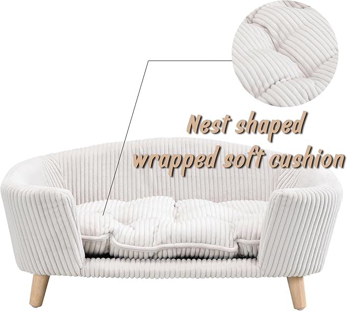 30''inch Bed Frame for Large Dogs, Modern Pet Sofa, Elevated Dog Couch Bed with Wooden Legs, Oval Small Dog Bed, Cozy Tufted Cushion Pet Furniture (Beige)