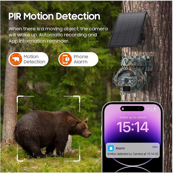 5MP Solar Cameras WiFi Wireless Outdoor 360° View Pet Monitoring Camouflage Color Solar Battery PTZ Camera(WiFi Camera add 64GB)