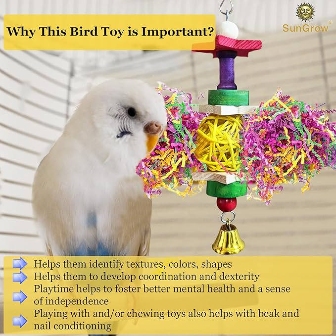 SunGrow Parakeet Toy, Brightly Colored Hanging Toy Made of Rattan, Wood and Shredded Paper, for Small and Medium Parrots, Cockatiels, Lovebirds and Finches (1 Piece)