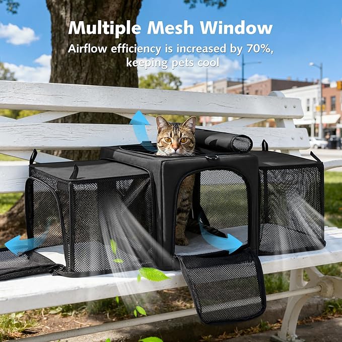Pecute Cat Carrier Expandable, Stable Pet Carrier with 5mm Thick Steel Wire Frame, Dual-Side 200% Larger Space, Car Travel Carrier with Locking Zippers & Belt, Foldable for Storage, Dark Gray