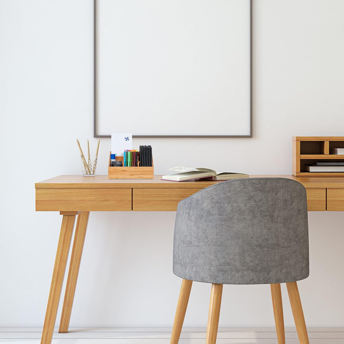 Relaxdays Desk Organiser, 6 Compartments for Pens, Notes, Letters, Paperclips and More, Bamboo Stand, Natural