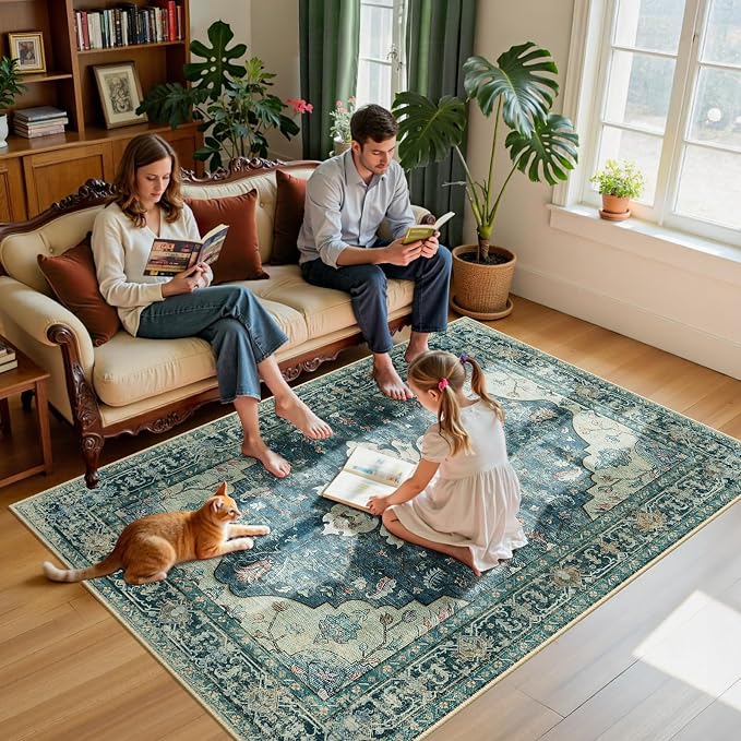RELEANY Area Rugs 5'x7' Washable Non-Slip, Floral Vintage Distress Medallion