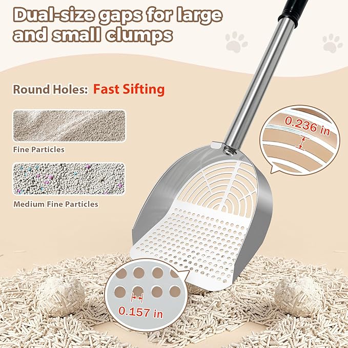 Cat Litter Scoop Deep Shovel, Detachable Long Handle Litter Scooper, Metal Cat Litter Scoop, Stainless Steel Cat Litter Scoop, Kitten Pooper Lifter, Kitty Metal Scooper with Holder Round Hole