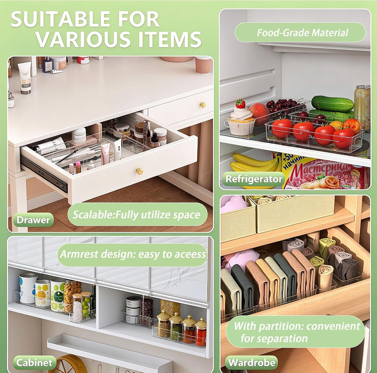 BLULEE 4-in-1 Expandable Drawer Organizer Set, Adjustable Clear Bins (4 Pack)