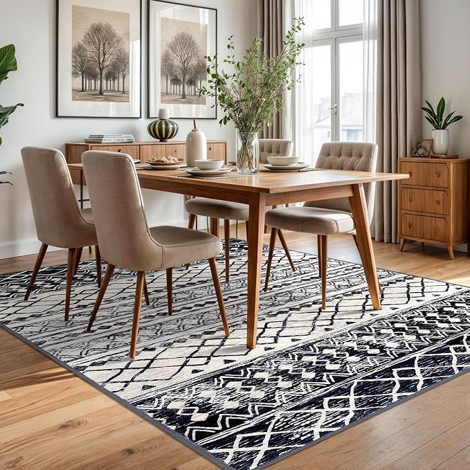 KUTA Morocca Area Rug 5x7 Black Navy Blue, Washable Boho Living Room Rugs