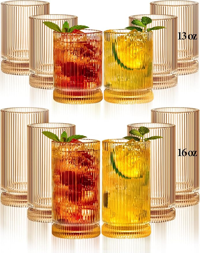 Ribbed Glassware Vintage Drinking Glasses 12Pcs Set （6 Highball Glasses 16Oz