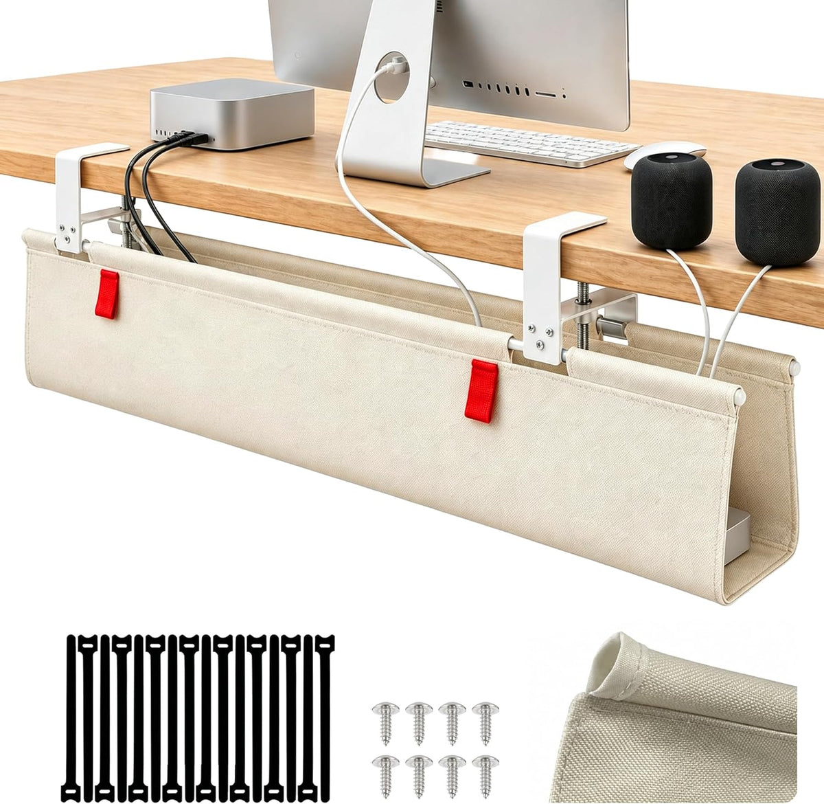 Under Desk Cable Management No Drill – 36" L x 6" W Cord Organizer, Upgraded Silicone Pads (No Scratch), 16 Cable Slots, Washable PE Honeycomb Base, Fits Desks 0–2.1" Thick, Beige