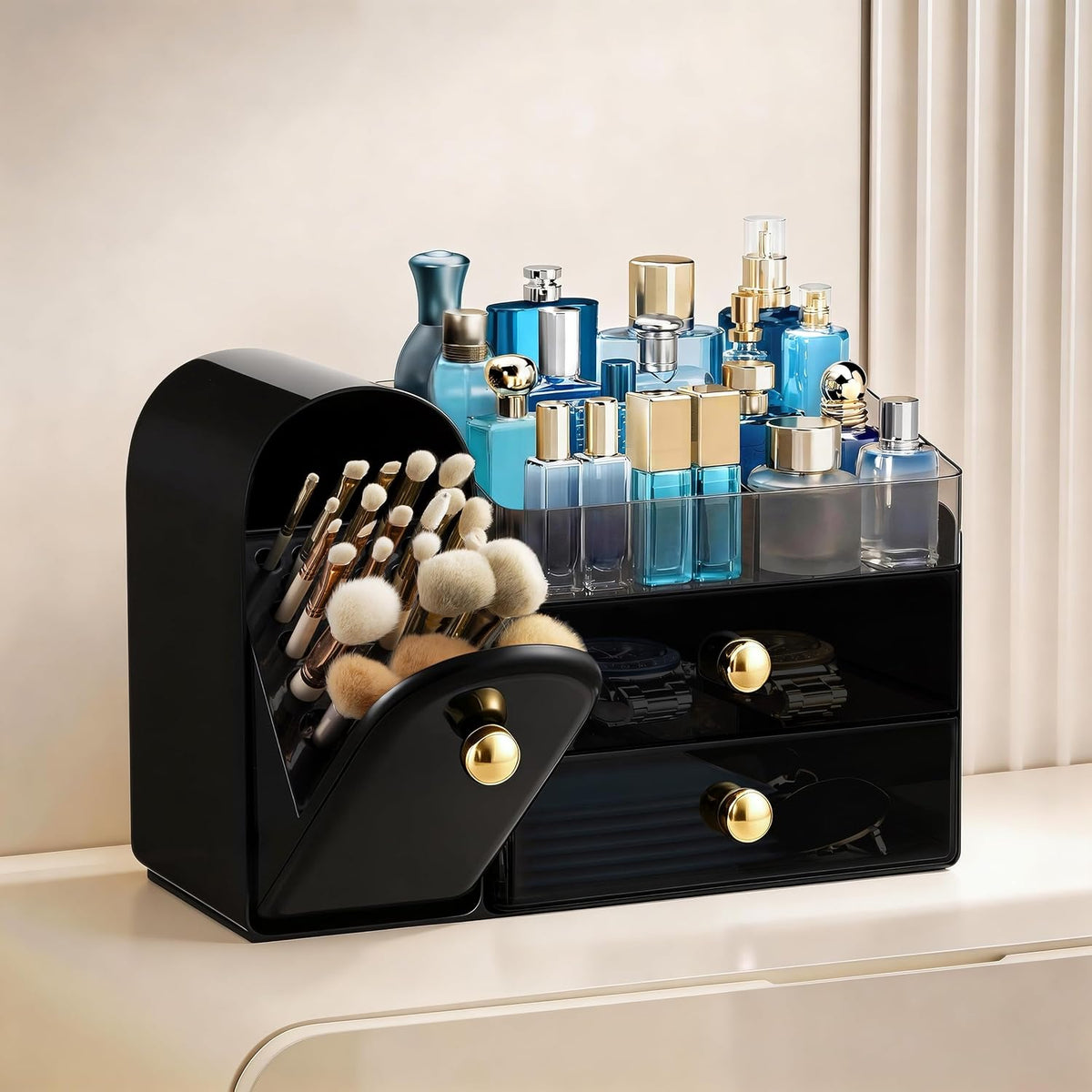HBlife Makeup Organizer Countertop with Drawers, Cologne Organizer for Men, Vanity Organizers with Brush Holder, Bathroom Countertop Organizer Skin Care Storage, Gift for Dad Husband, Black and Gold
