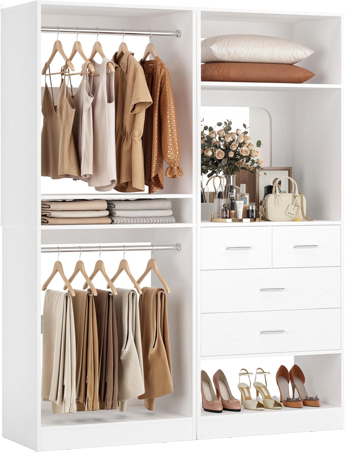 Unikito 50” Closet System with 4 Drawers, 4.2FT Wood Closet Organizer with Hanging Rods and Mirror, Reversible Small Walk in Closet Wardrobe, Adjustable Sturdy Clothes Garment Rack, Set of 2, White