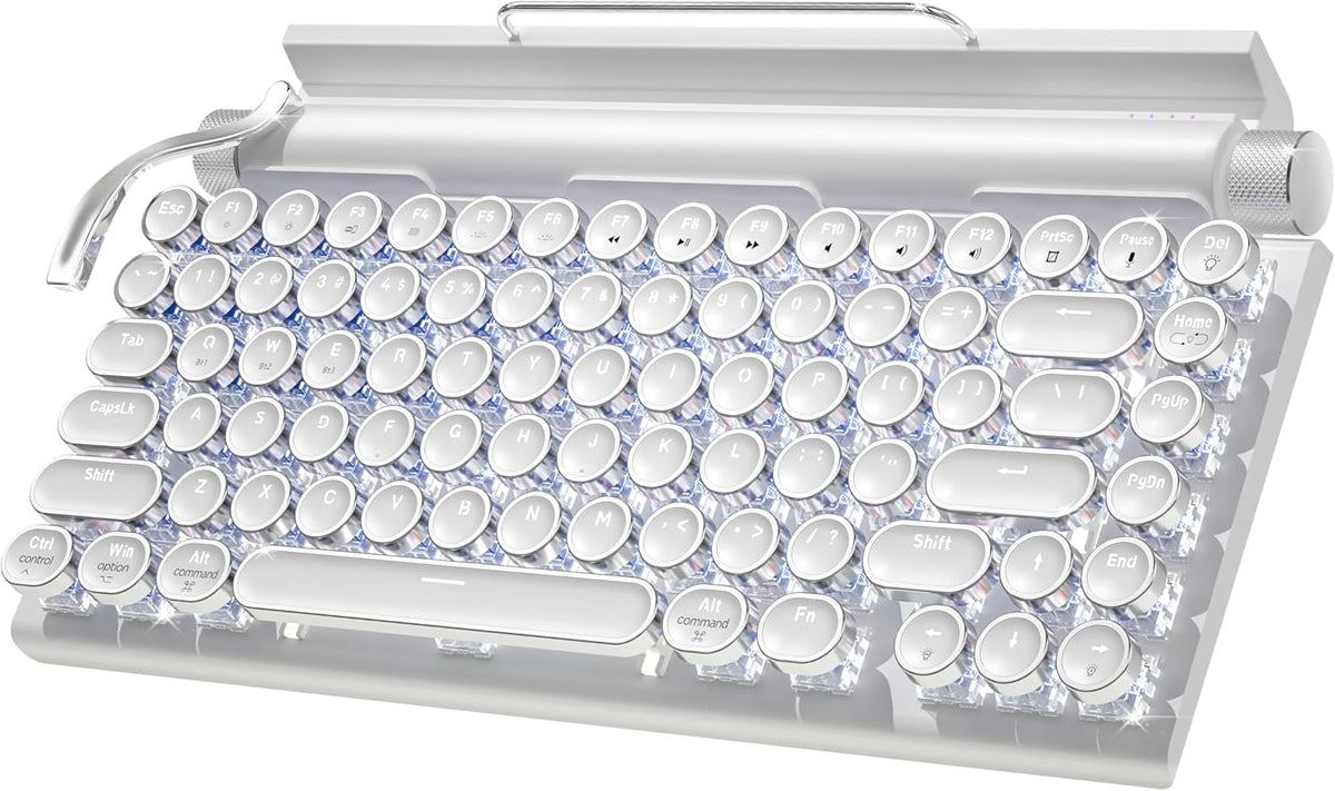 Retro Typewriter Wireless Mechanical Gaming Keyboard, Bluetooth 5.0 Office Computer Vintage Keyboards 83-Key Blue Switches Punk Round Keycap, LED Backlight, Compatible with PC/Laptop/Pad/Phone, White