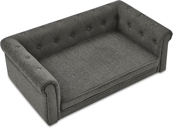 Elevated Dog Sofa with Backrest and Armrests, Button Tufted Dog Couch Bed with Soft Cushion for Medium Dogs, Stylish Lounging Bed Pet Couch Chair, 60Lbs Weight Capacity, Dark Gray