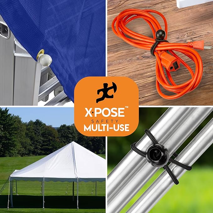 Xpose Safety Bungee Ball Cords 11" 100 Pack Heavy Duty Assorted Colors Black and White Stretch Rope with Ball Ties for Canopies, Tarps, Walls, Cable Organization