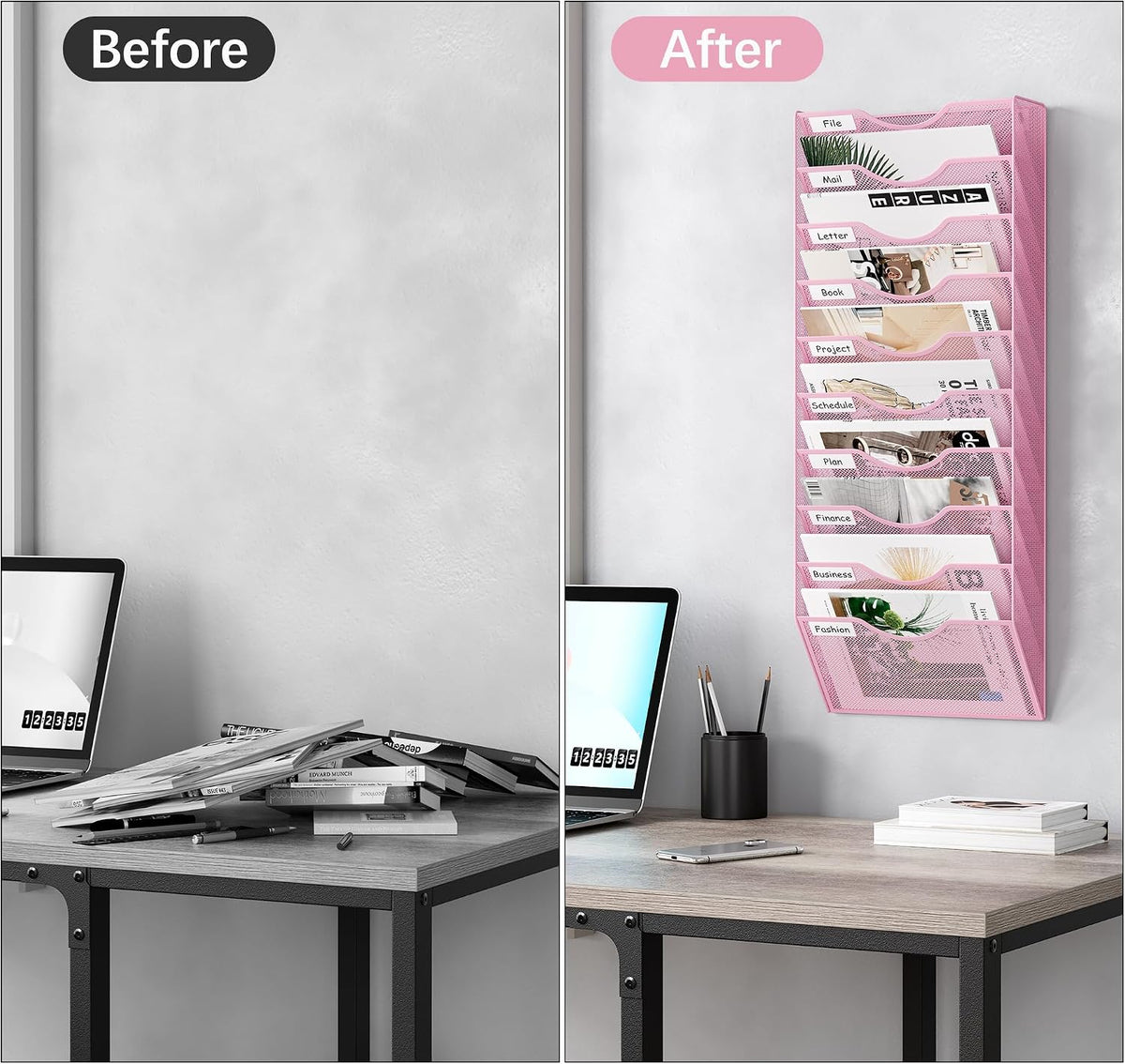 EasyPAG 10 Pocket Mesh Wall File Organizer, Hanging Paper Folder Holder with Classify Label, Vertical Wall Mount Mail Organizer for Office Home Classroom, Pink