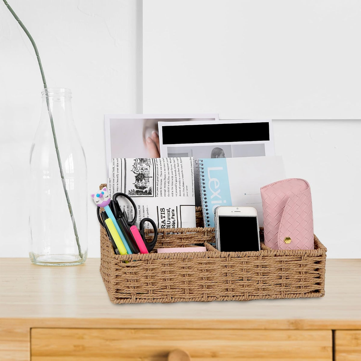 Woven Desk Organizer Basket with 5 Compartments, Rustic Paper Rope Mail Holder with Metal Frame, Storage Caddy for Bills, Pens & Office Essentials