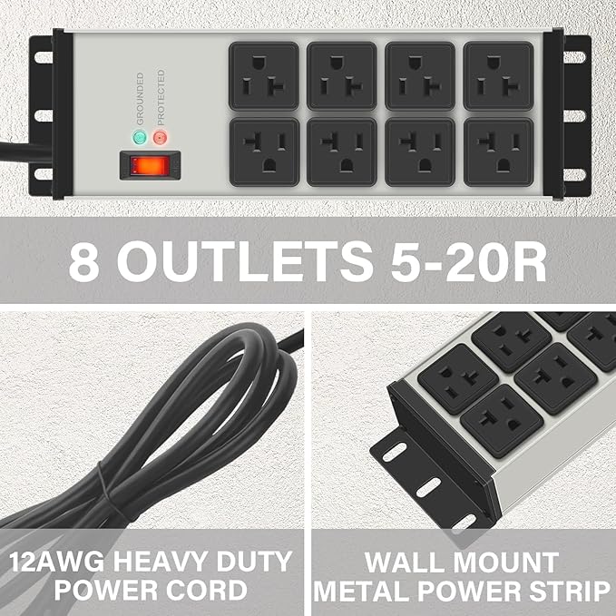 CCCEI Grey Heavy Duty Power Strip Surge Protector 20 AMP, 8 Outlets 12 Gauge Industrial Shop Garage Metal Multiple Outlets, 25 FT Extension Cord 5-15P Adapter High Amp 6-20R T-Slot 20a for Appliance