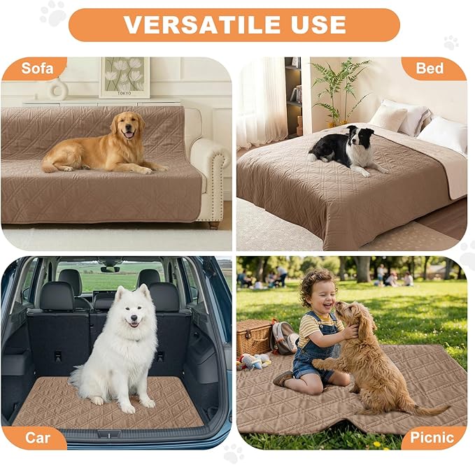 100% Waterproof Dog Couch Protector, Triple-Layer Waterproof Dog Bed Cover Pet Blanket Reversible 2-Tone Sofa Shield, Non-Slip Furniture Guard for Pets(82×92 Inch, Taupe+Apricot)