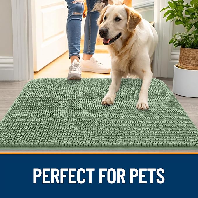 OLANLY Dog Door Mat for Muddy Paws 70x24, Absorbs Moisture and Dirt, Absorbent Non-Slip Washable Doormat, Quick Dry Chenille Mud Mat, Entry Indoor Entryway Carpet for Inside Floor, Olive Green