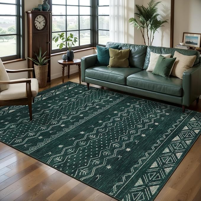 SERISSA 4x6 Area Rugs for Living Room, Washable Non-Slip Dark Green Boho Rug