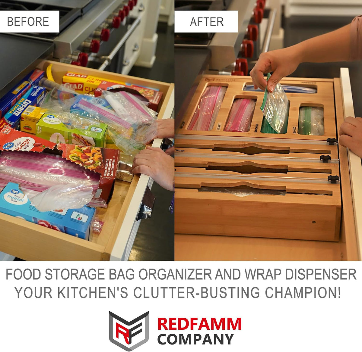 REDFAMM 8in1 Food Storage Bag Organizer Foil and Plastic Wrap Organizer with Cutter, Bamboo Plastic Bag organizer for Kitchen Drawer, Baggie Organizer for Gallon Quart Sandwich Snack Freezer