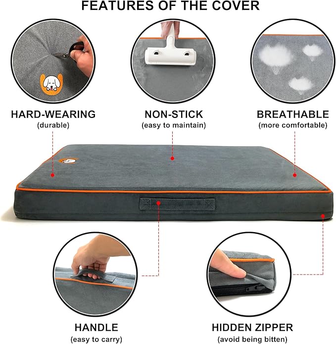 Hard-Wearing Orthopedic Dog Bed for Crate, 47x29 Inch, Made of Memory and HR Foam, Two-Sided Use, Providing Soft and Relatively Hard Support, with an Extra Inner Waterproof Protector (Gray)