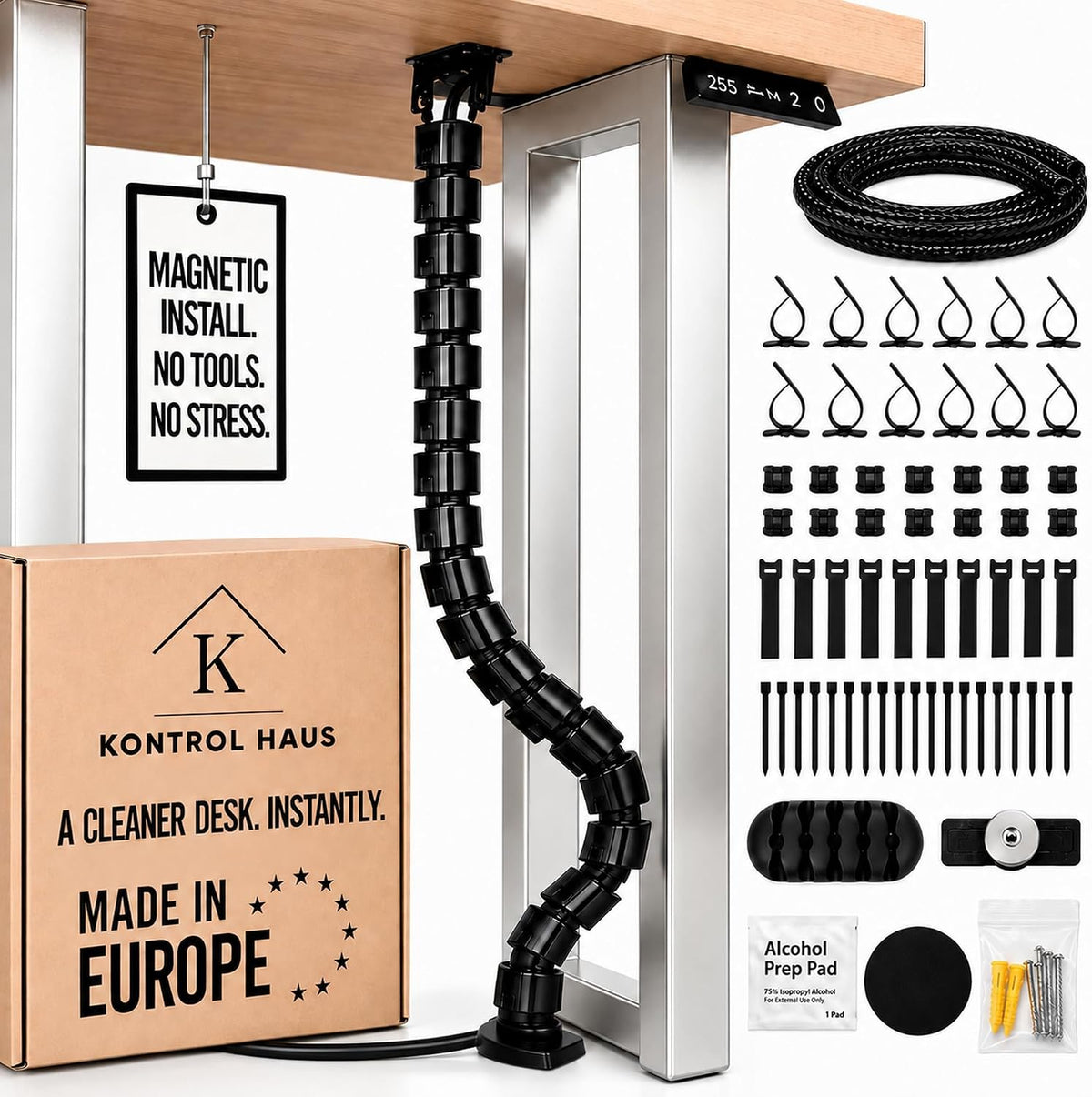 Under Desk Cable Management Spine, Standing Desk Wire & Cord Organizer, Adjustable 53 Inch Cable Spine, Magnetic & Screw-in Mount, Black Vertebrae, Snake, 101-Piece Kit, Cable Management Kit