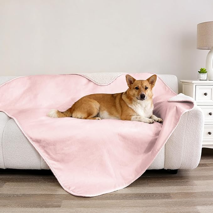 Waterproof Blanket for Couch, Leak Proof Dog Bed Sherpa Throw Blankets Reversible Pet Sofa Furniture Protector Machine Washable-50 x60,Pink