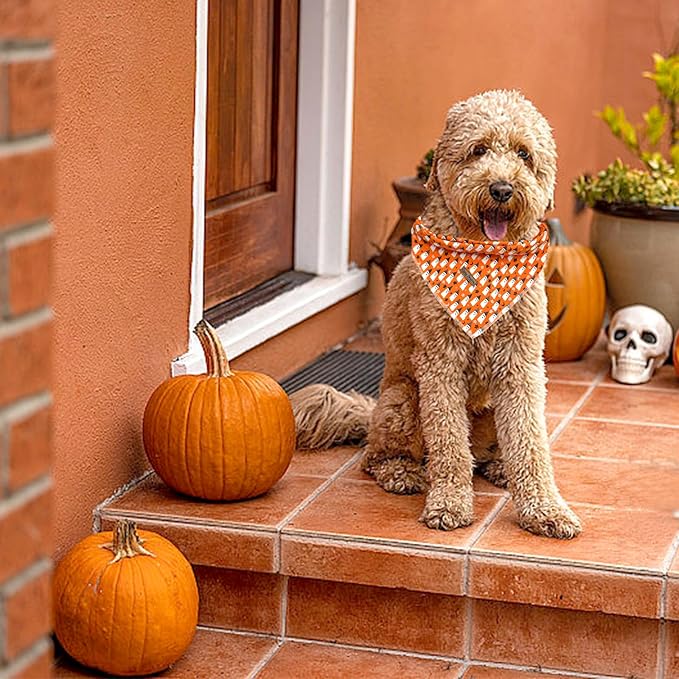 Dog Bandana, 1PC Orange Ghost Print Dog Bandanas Halloween Bandanas Fall Bandanas Comfortable Bandanas Bibs Scarf Square Soft Dog Kerchief Pet Bandanas for Small Medium Large Dogs