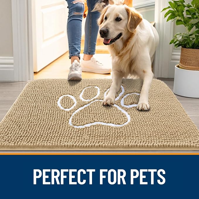 OLANLY Dog Door Mat for Muddy Paws 48x30, Paw Print Design, Absorbs Moisture