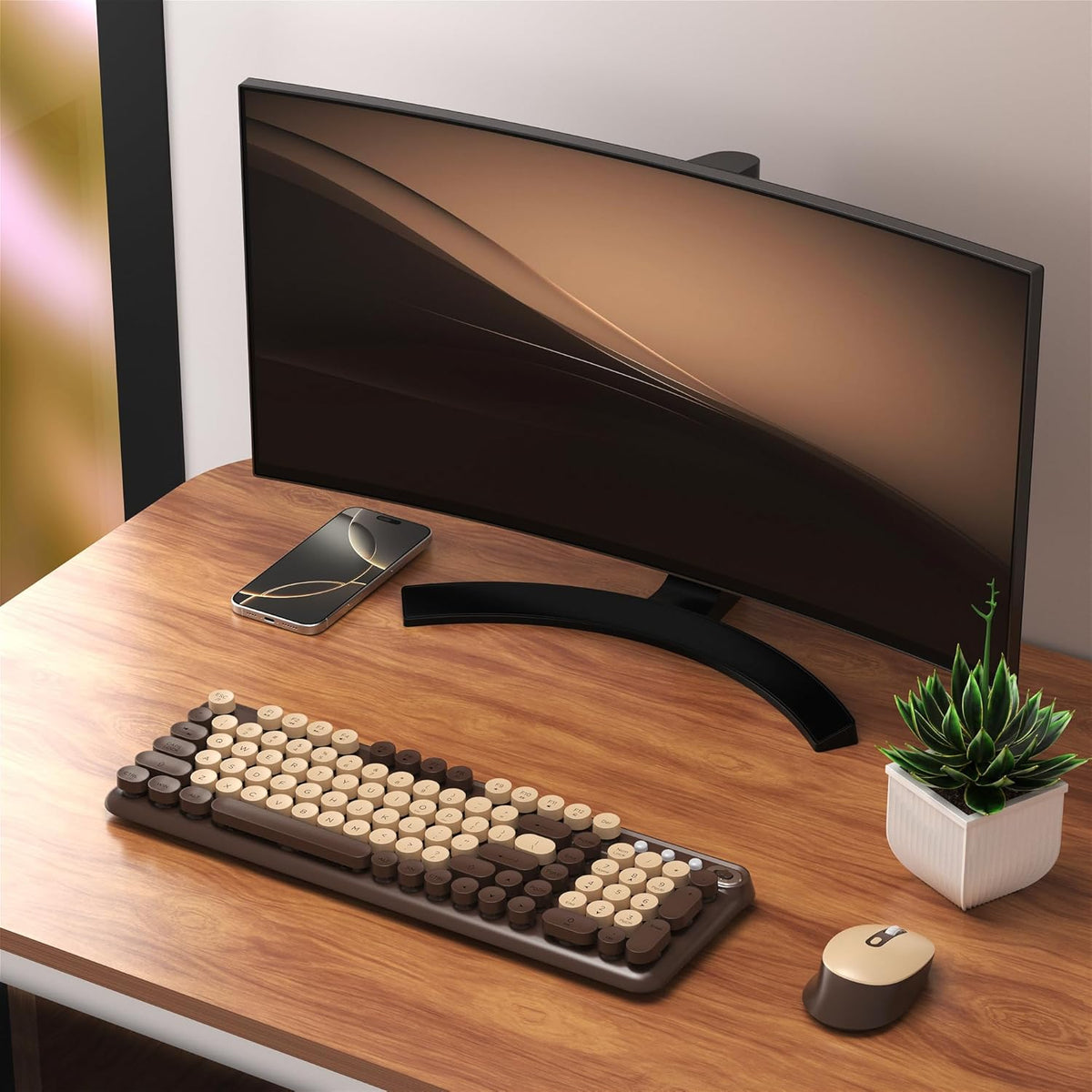 Links9+ Wireless Keyboard and Mouse Combo, Full Sized (Coffee)