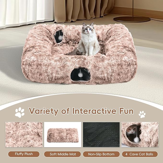 Extra Large Cat Tunnel Bed, 4 Ways Tunnels for Indoor Cats, Multi-cat Family Pet Bed & Cave, Plush Cat Donut with Washable Middle Mat, Exit Balls, Pet Play Toy for Kitten Puppy Rabbit, Brown