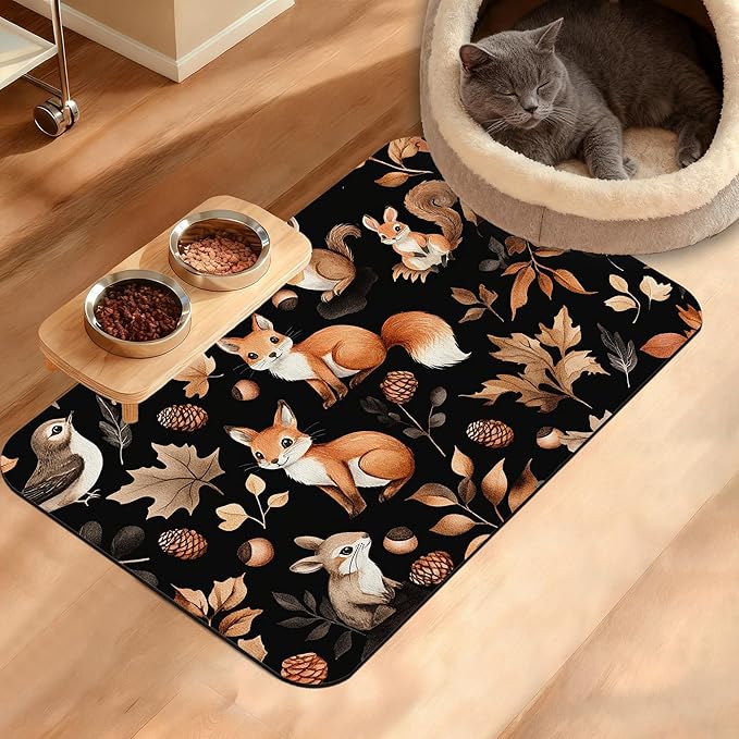 Cute Squirrel Dog Cat Food Mat,Bird Fox Absorbent Waterproof Placemat for Food and Water Non Slip Rubber Backing Durable Feeding Pad for Clean Floors 16" x 24"