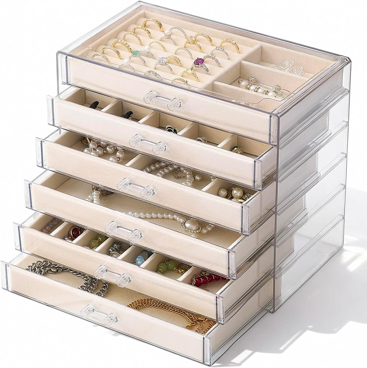 Earring Organizer 6 Drawers Acrylic Jewelry Box for Women, Cream,Clear