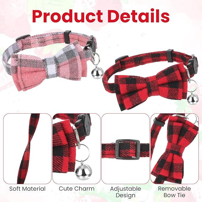 6Pcs Cats Bowtie Collar with Bell, Breakaway Cats Collars, Classic Plaid Kitten Cat Collars Adjustable Cat Bowtie Collar with Pendants for Quick Release for Small Pet