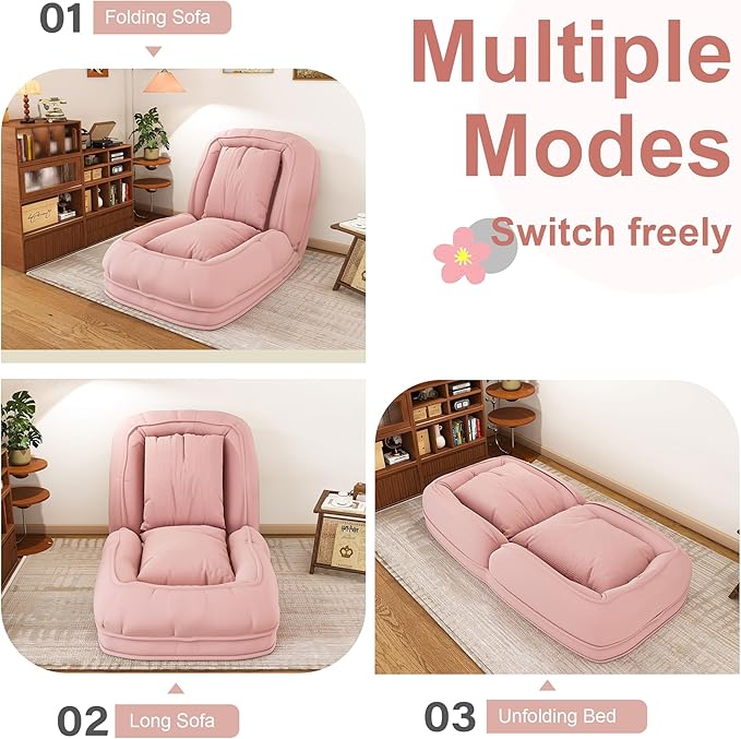Adjustable 5-Position Human Dog Bed for People, Big Comfy Plush Floor Gaming Lazy Sofa Chair with Pillows & Back Support, Foldable Lounge Loveseat Couch for Living Room Bedroom (Pink①)