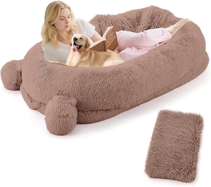 GarveeHome Human Sized Dog Bed, 71" x 45" x 12" Large Dog Bed with 2 Storage Pockets, Fluffy Faux Fur Orthopedic Pet Bean Bed for Adults & Giant Pets - Brown