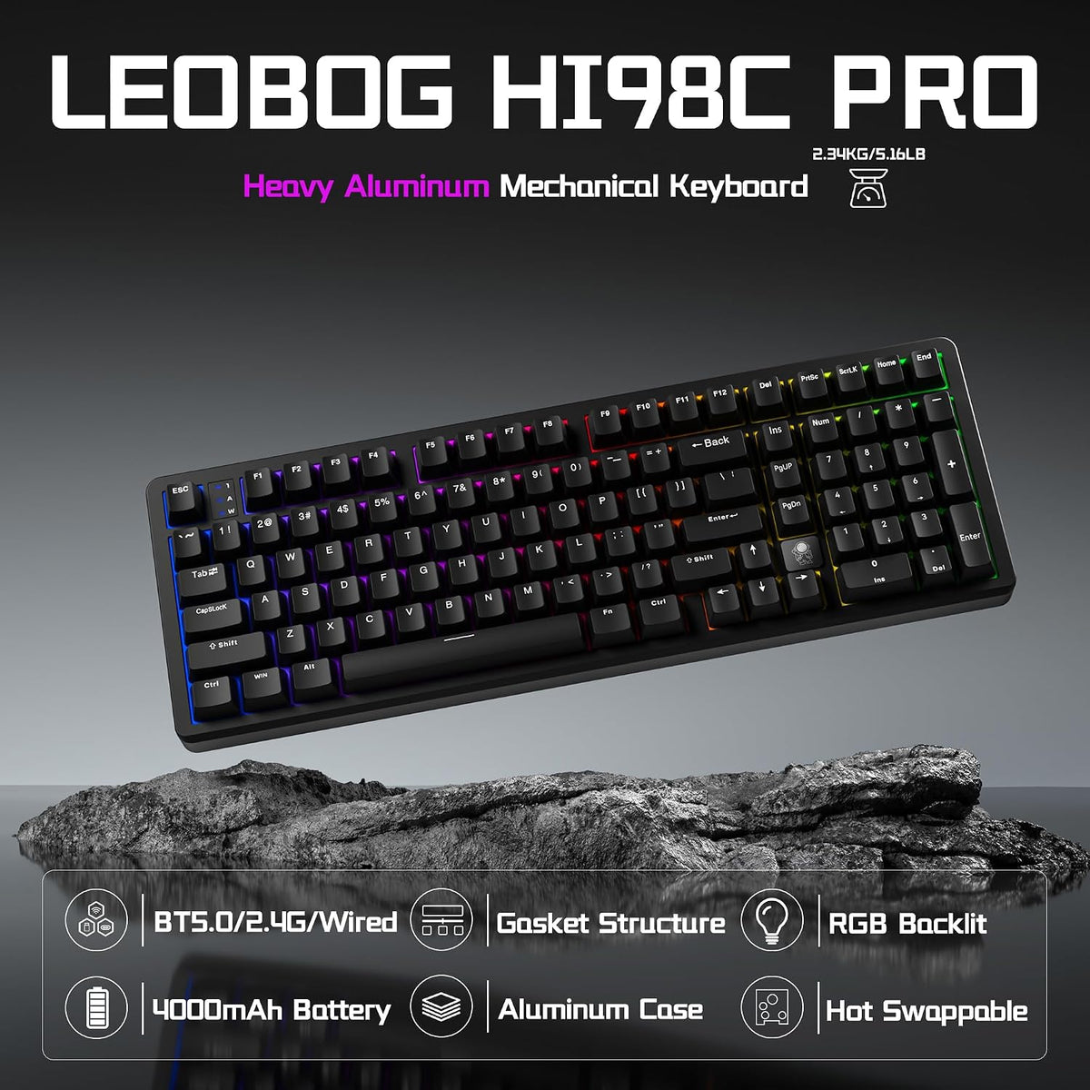 LEOBOG HI98C Pro Wireless Mechanical Gaming Aluminum Keyboard with Num Pad