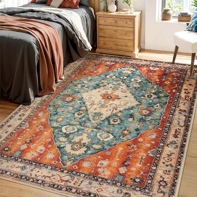 SERISSA Bedroom Rug 4x6 Boho Tribal Rug, Vintage Washable Area Rugs Non Slip
