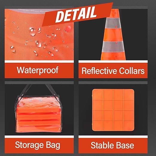 RoadHero 18 Inch 2 Pack Collapsible Traffic Safety Cones, Multi Purpose Pop-up Cones with Reflective Collar for Road Safety, Orange Cones for Driving Training, Parking Lots