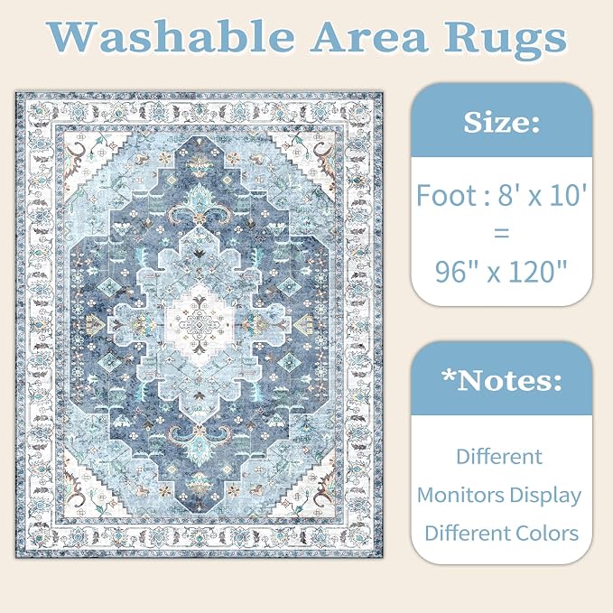SERISSA Boho 8x10 Area Rugs Blue, Washable Vintage Large Living Room Rug
