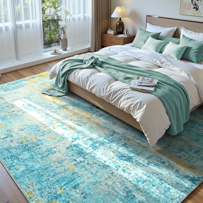 Ompaa Living Room Rug 6x9 Teal Blue Area Rug Machine Washable Boho Rug Non Slip