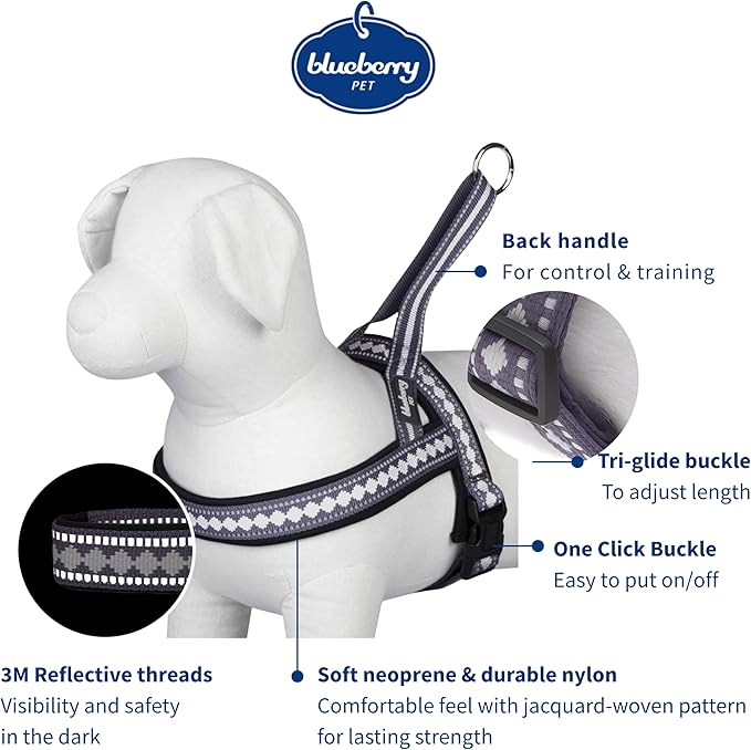 Blueberry Pet 4 Colors Soft & Comfy 3M Reflective Jacquard Padded Dog Harness, Chest Girth 30" - 38.5", Purple Grey, Large, Adjustable Harnesses for Dogs
