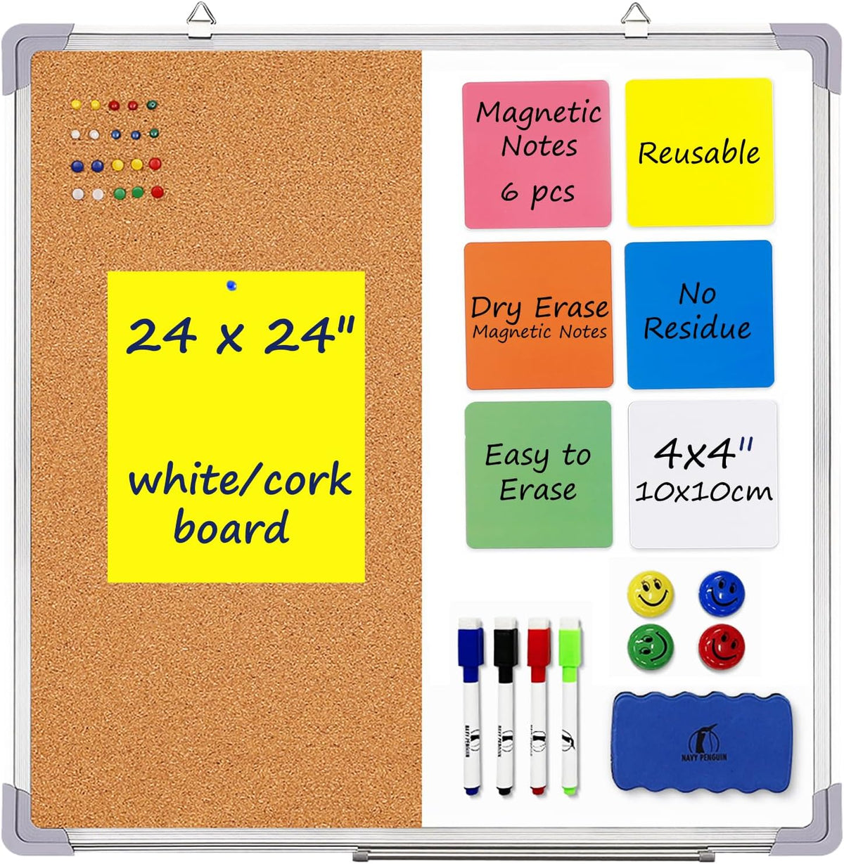 Cork Board White Board Combo 24 x 24 in – Dry Erase and Bulletin Board