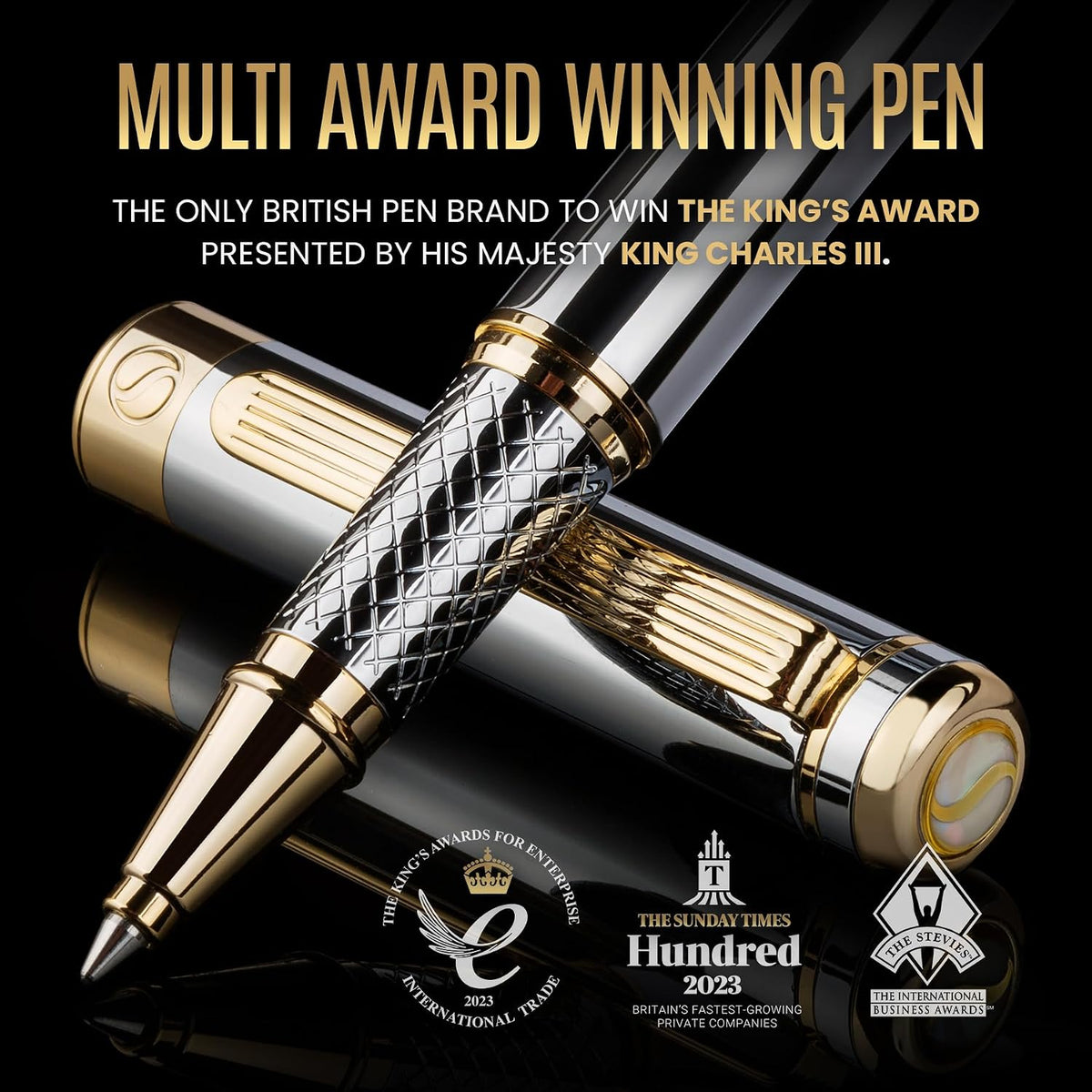 Scriveiner Silver Chrome Rollerball Pen - Stunning Luxury Pen, Real Gold Plating, Schmidt Ink Refill, Best Roller Ball Pen Gift Set for Men & Women, Professional, Executive Office, Fancy Pens