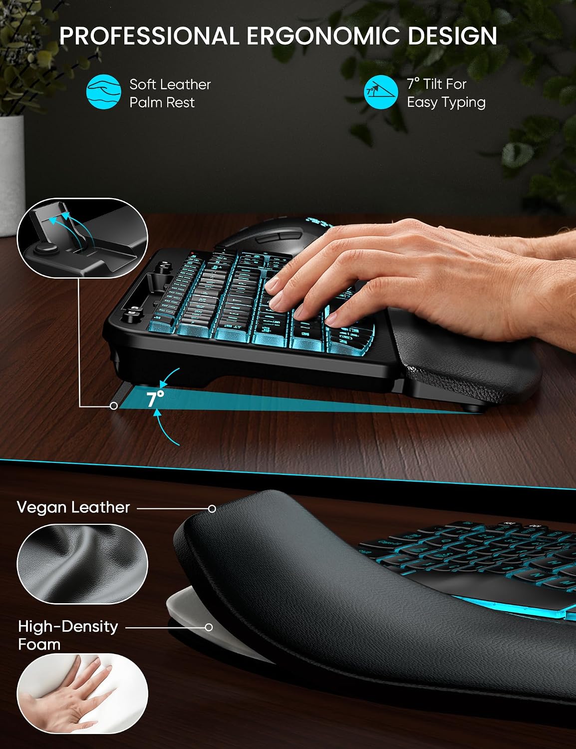 SABLUTE Wireless Keyboard and Mouse Combo, Ergonomic Wave with Wrist Rest