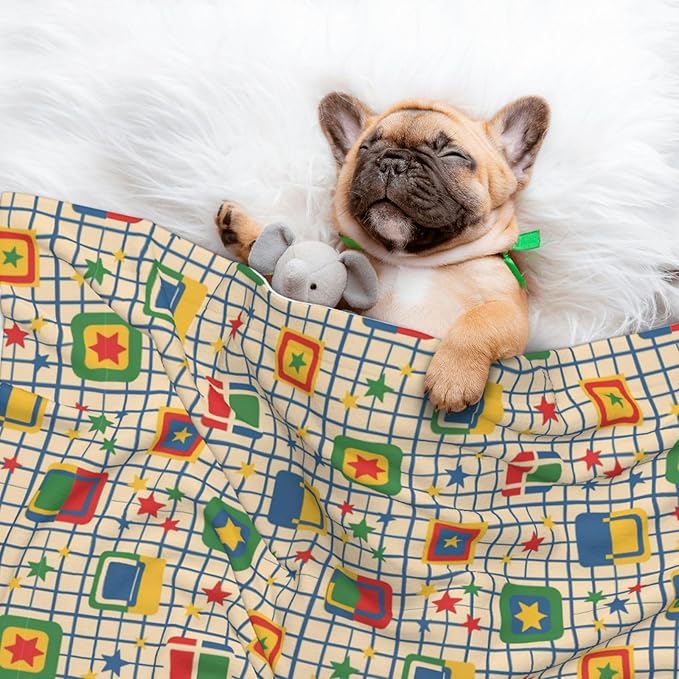 Pet Blanket for Indoor Outdoor Use, Abstract Mid Century Modern Grid, Two Sided Reversible Plush Mat with Bumpy Dot Texture for Patios Crates Portable Bed Companion