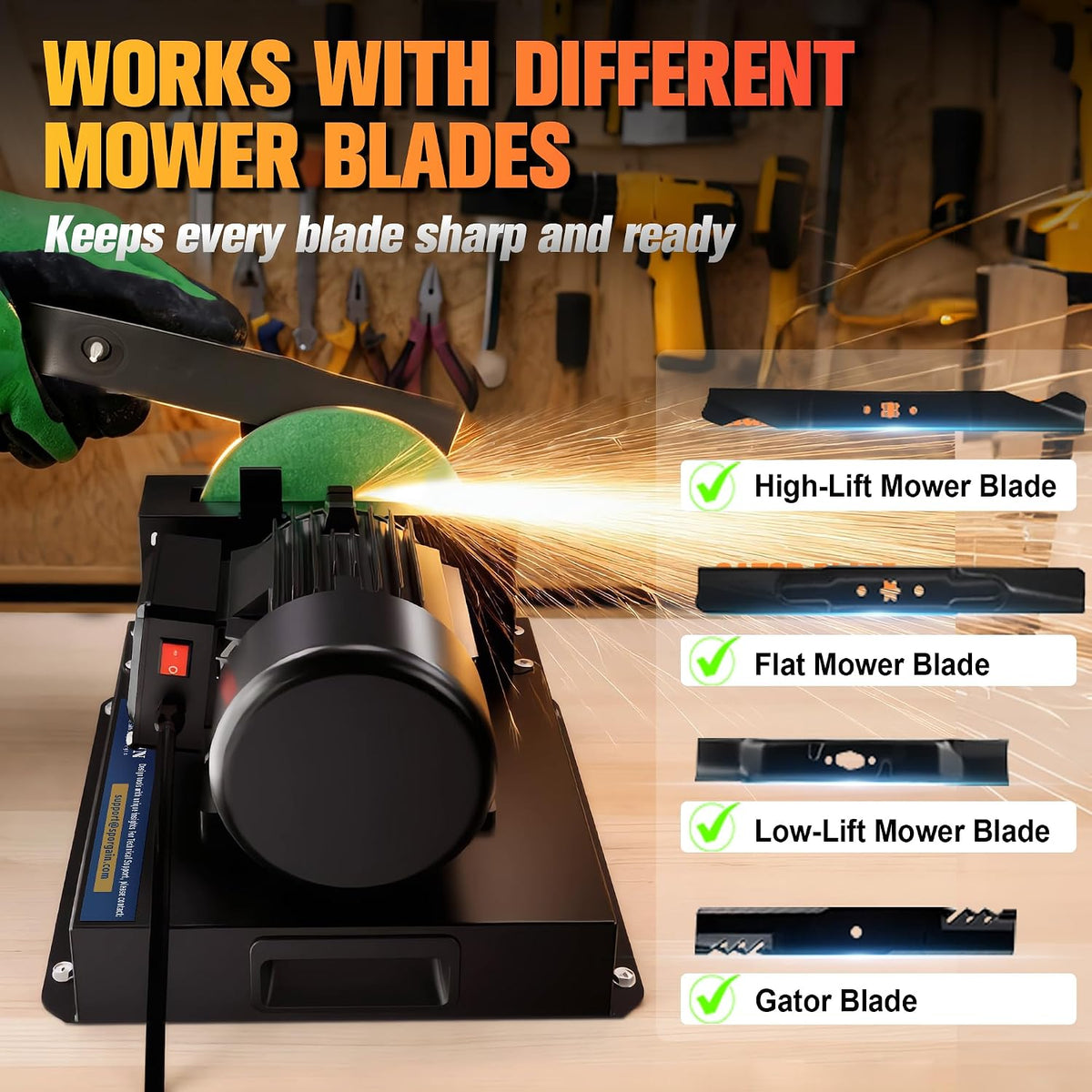 SporGain Updated Lawn Mower Blade Sharpener 2/3HP, 6 Sandpapers 60&180 Grit