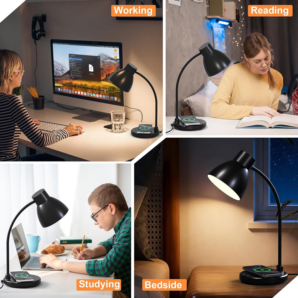 LED Desk Lamp for Home Office with Wireless Charger, Black