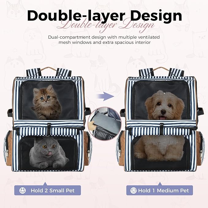 Lekebobor Double Cat Backpack Carrier for 2 Cats, Double-Compartment Pet Carrier Backpack for 2 Small Cat or One Medium Cat, Cats Carrier Backpack Dog Carrier Backpack Fits Up to 24 Lbs,Blue Striped
